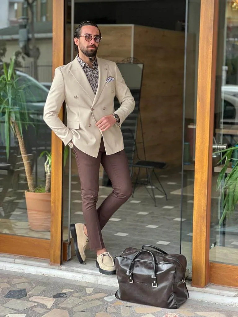 Beige Double Breasted Long Jacket