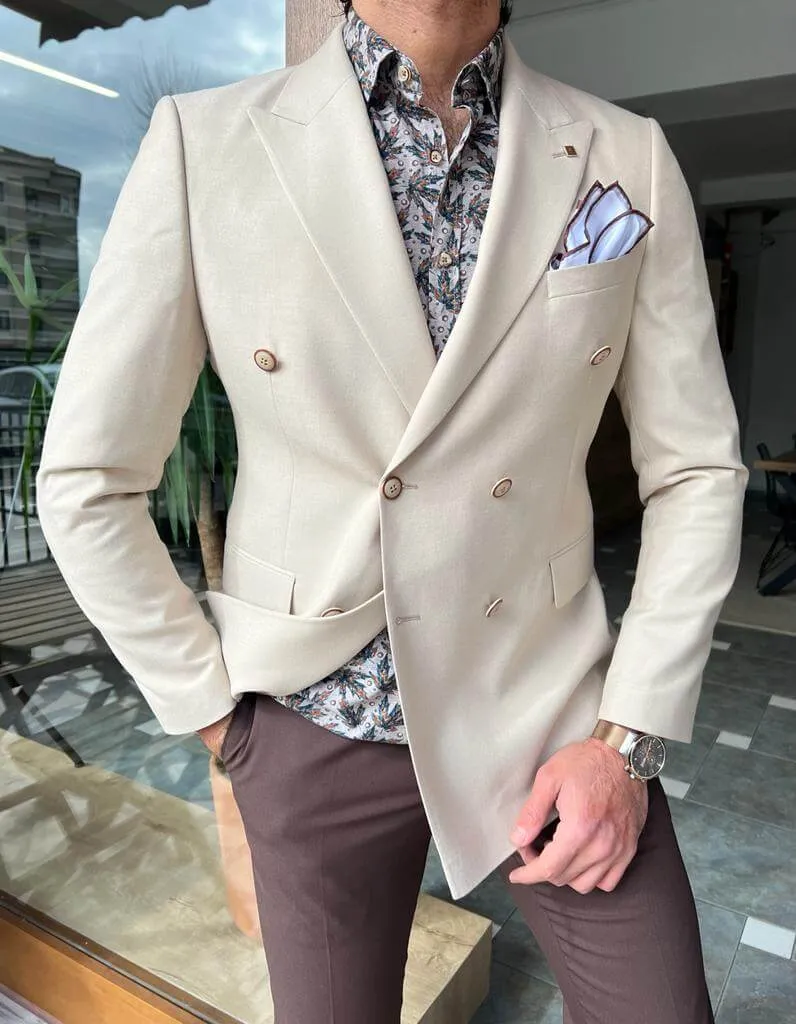 Beige Double Breasted Long Jacket