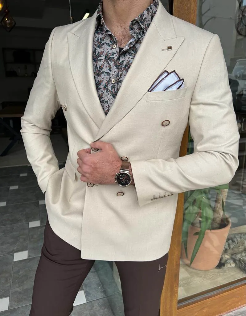 Beige Double Breasted Long Jacket