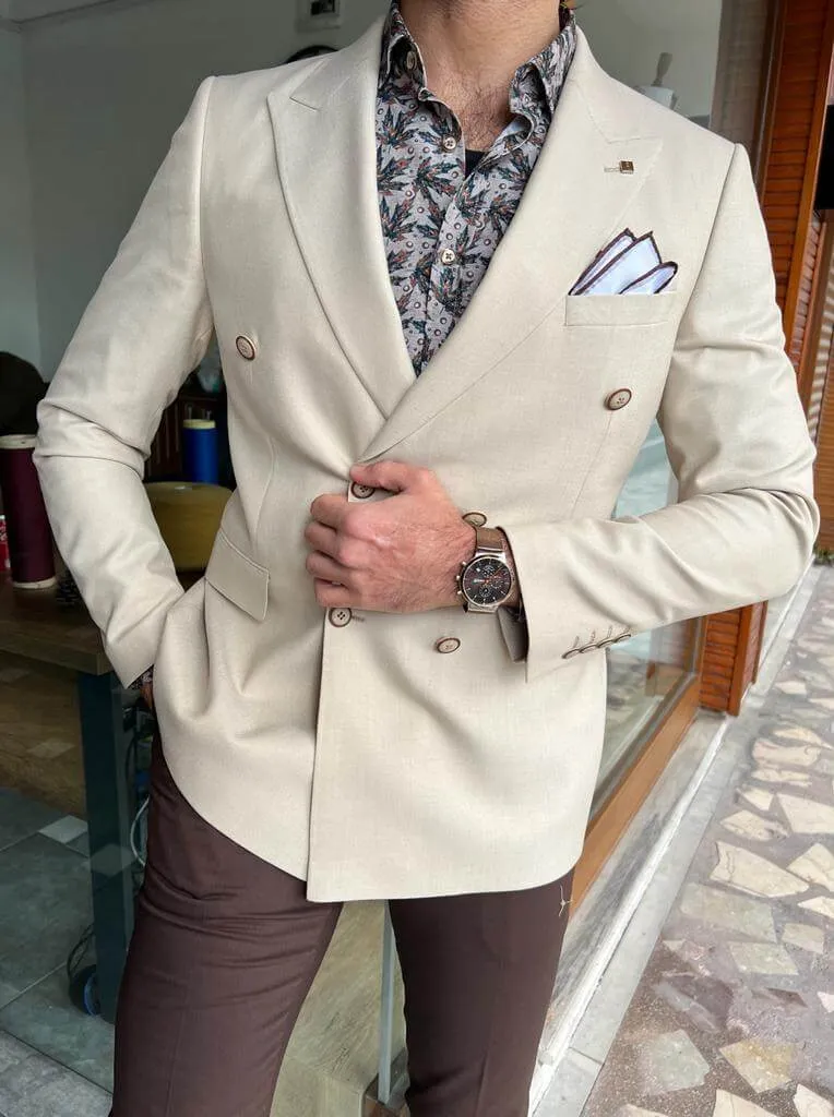 Beige Double Breasted Long Jacket