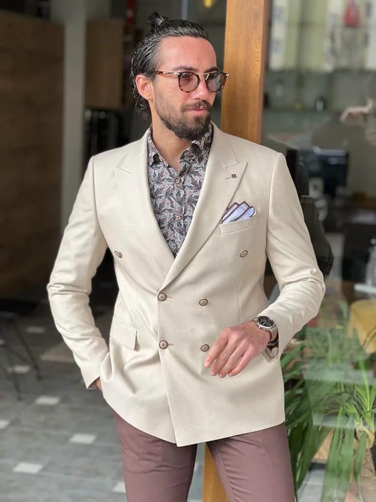 Beige Double Breasted Long Jacket