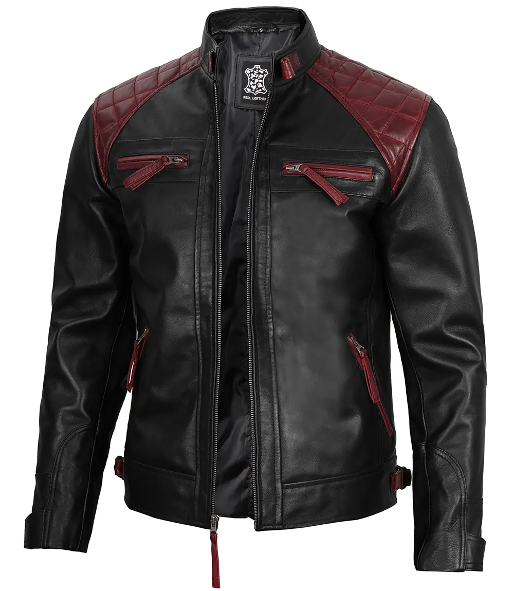 Black and Maroon Quilted Cafe Racer Men's Leather Jacket