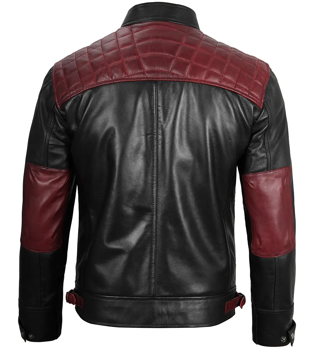 Black and Maroon Quilted Cafe Racer Men's Leather Jacket