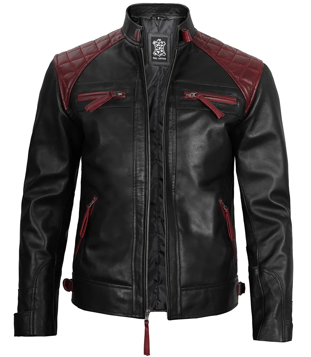 Black and Maroon Quilted Cafe Racer Men's Leather Jacket