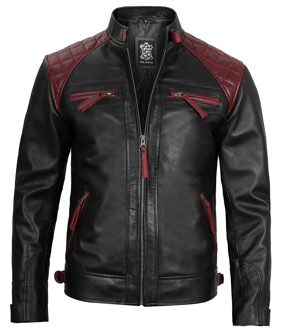 Black and Maroon Quilted Cafe Racer Men's Leather Jacket