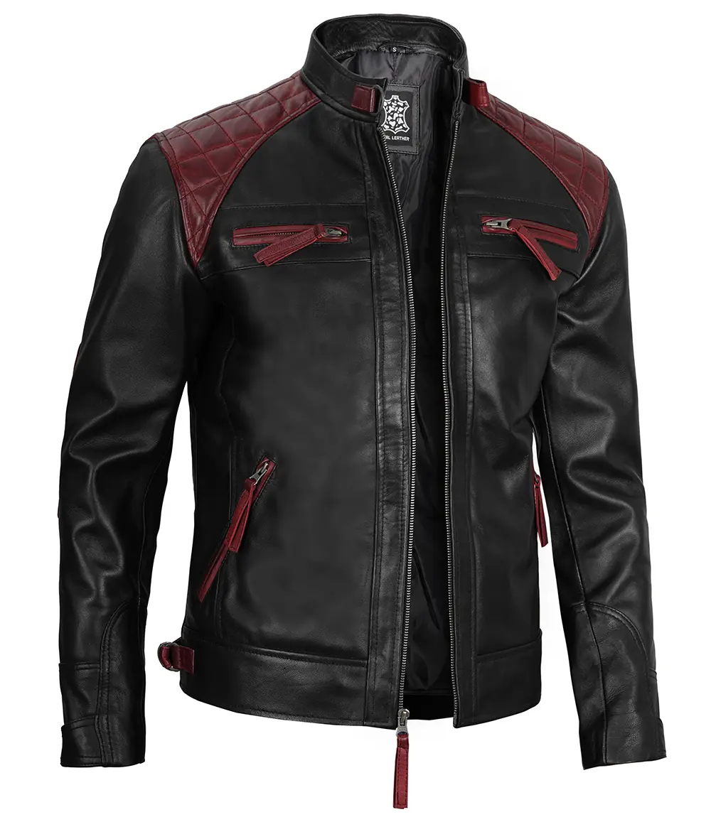 Black and Maroon Quilted Cafe Racer Men's Leather Jacket