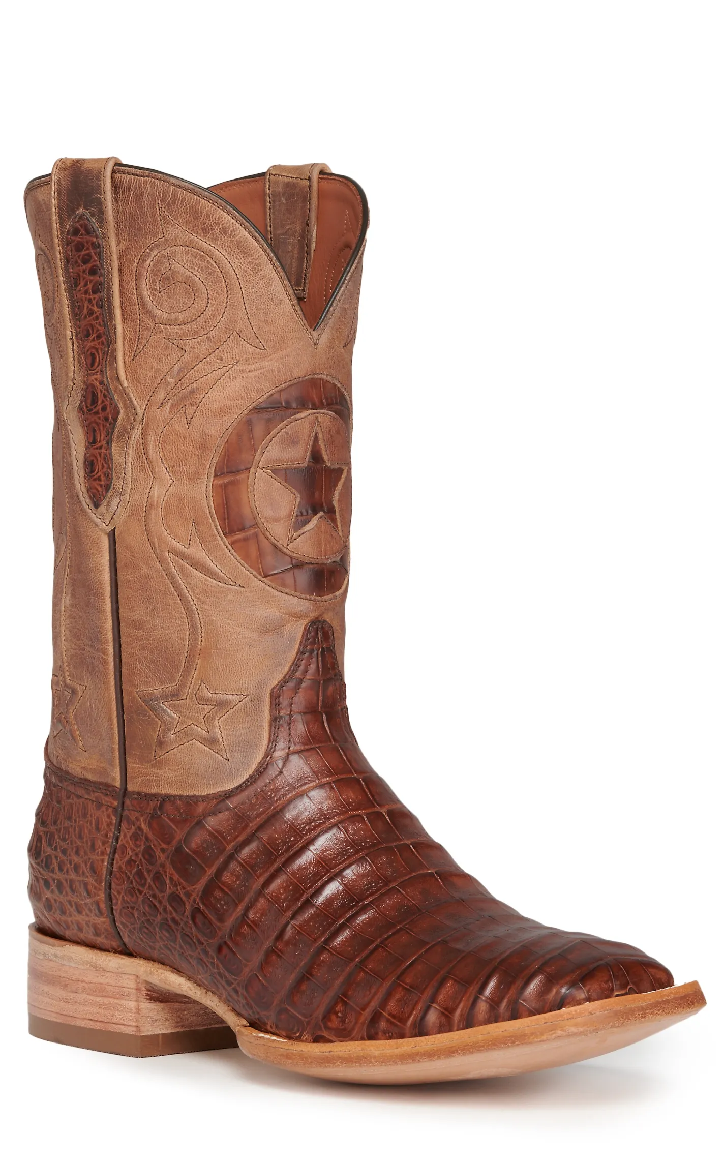 Black Jack Men's Tan and Tobacco Caiman Lone Star Wide Square Toe Exotic Cowboy Boots