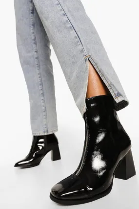 Block Heel Zip Front Square Toe Shoe Boot