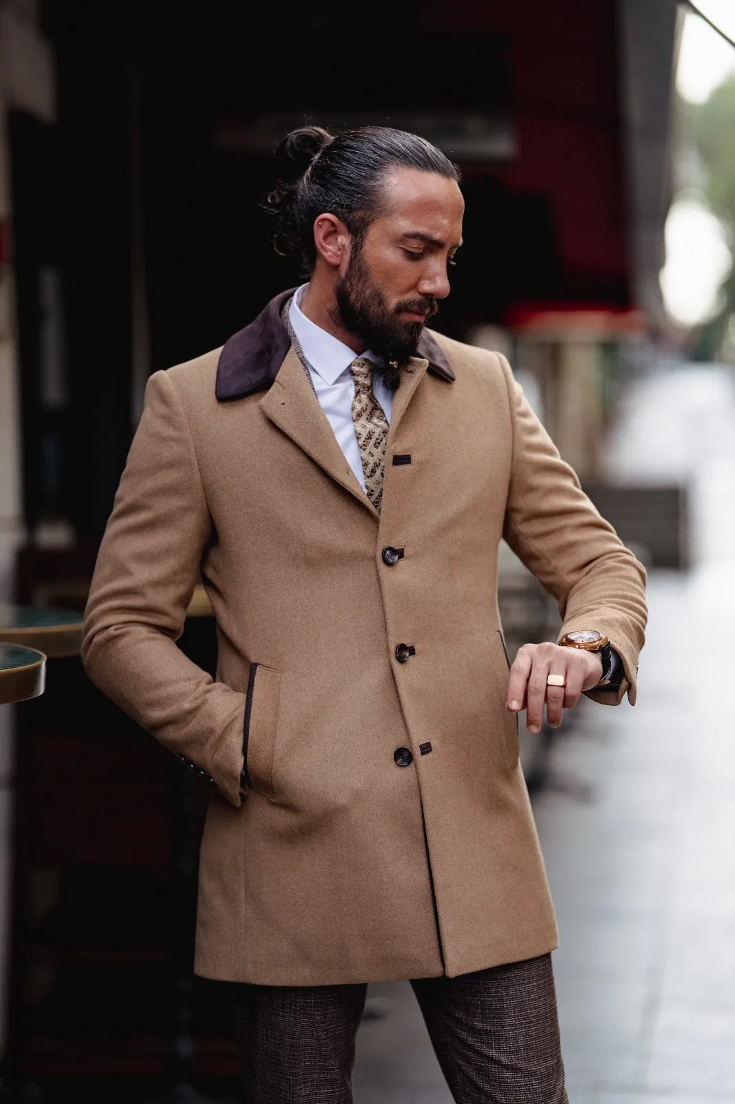 Bojoni Matera Slim Fit Fur Detalied Wool Camel Coat