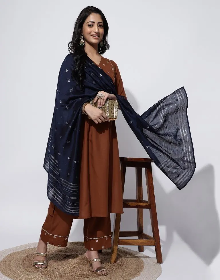 Brown Embroidery Cotton Straight Kurta With Pant And Dupatta