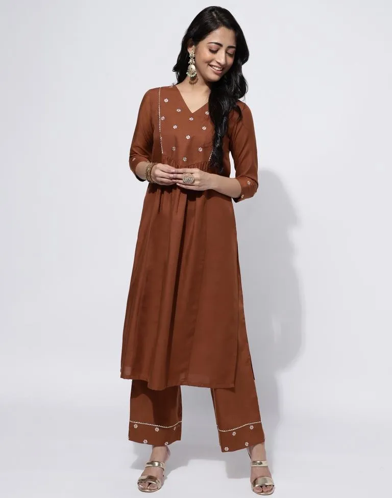 Brown Embroidery Cotton Straight Kurta With Pant And Dupatta