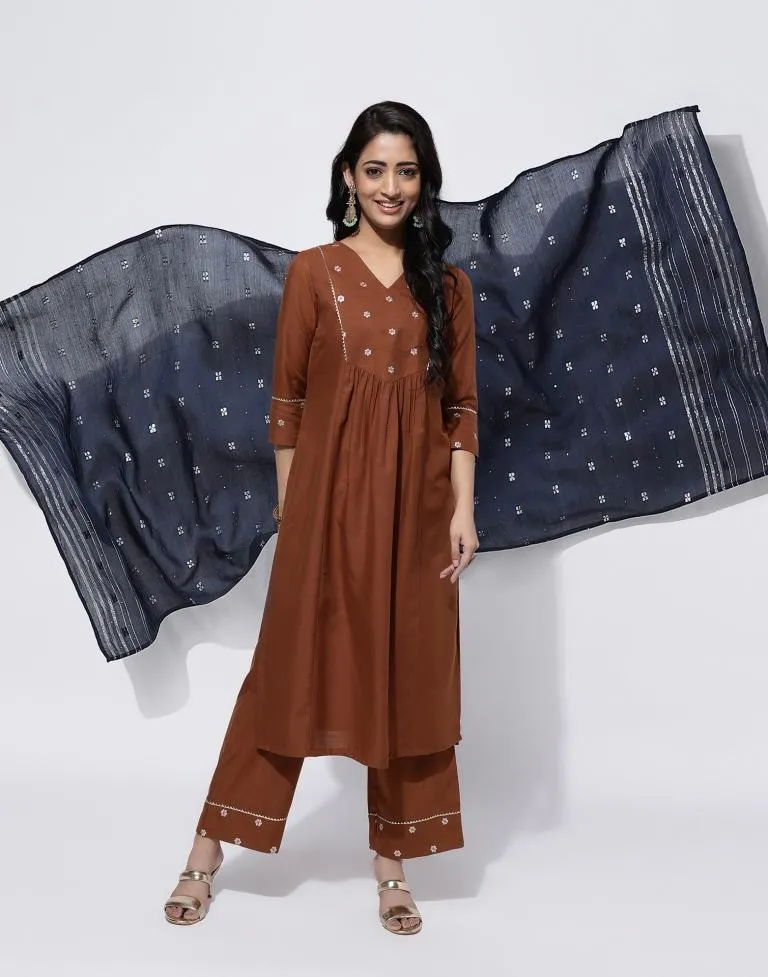 Brown Embroidery Cotton Straight Kurta With Pant And Dupatta