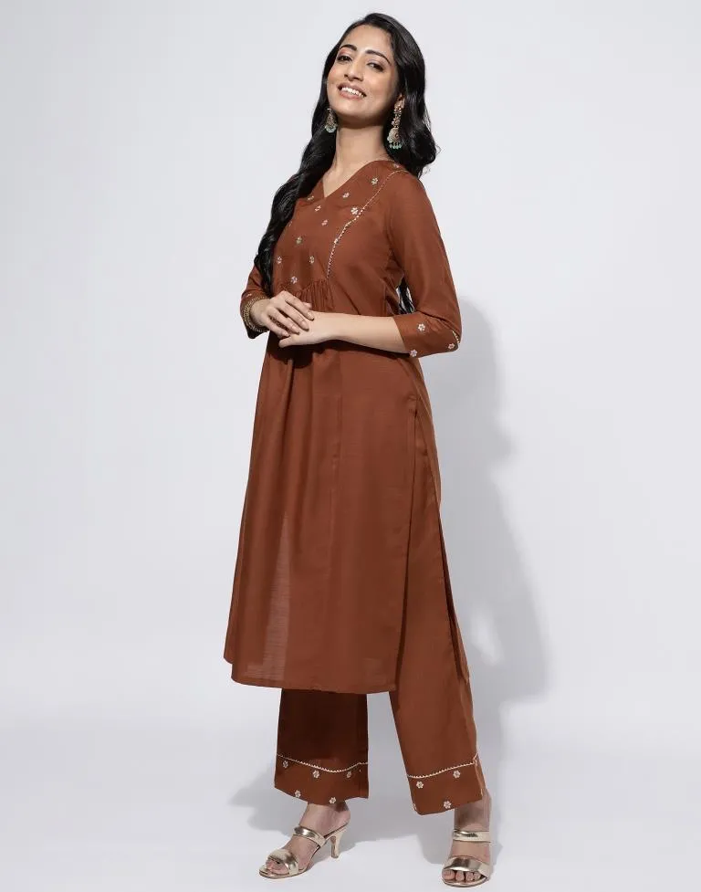 Brown Embroidery Cotton Straight Kurta With Pant And Dupatta