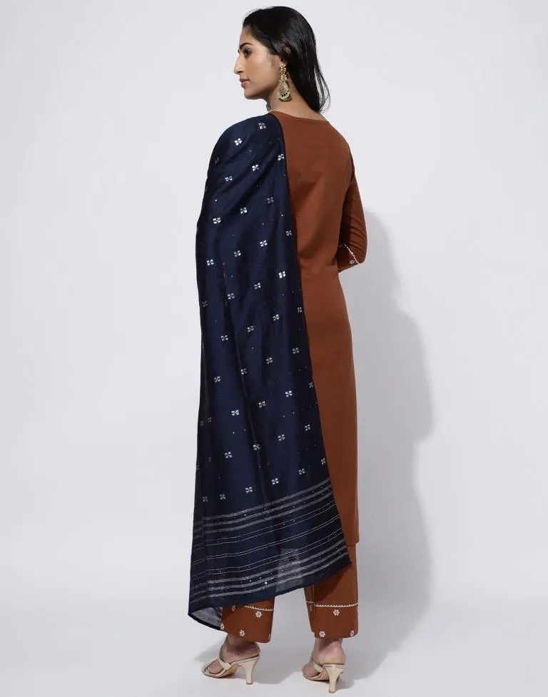 Brown Embroidery Cotton Straight Kurta With Pant And Dupatta