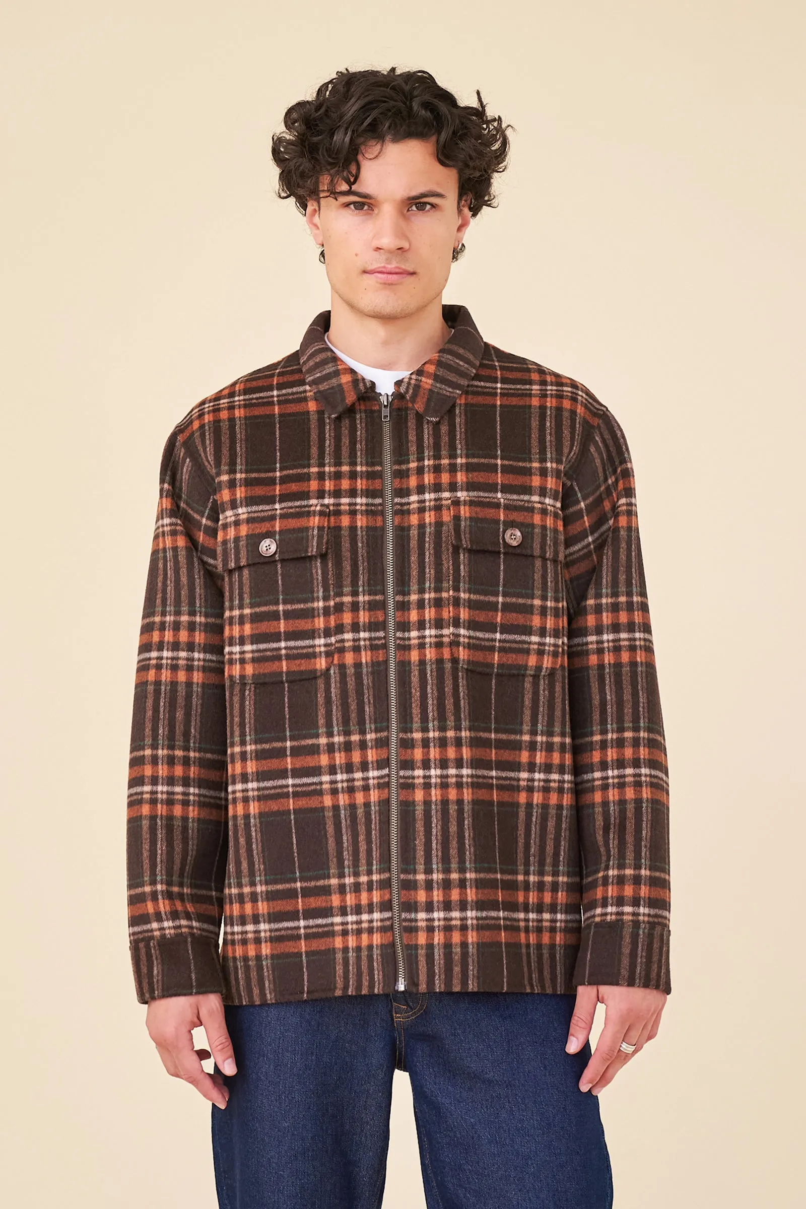 BYRANT CHECK WOOL COAT  - BROWN / RUST