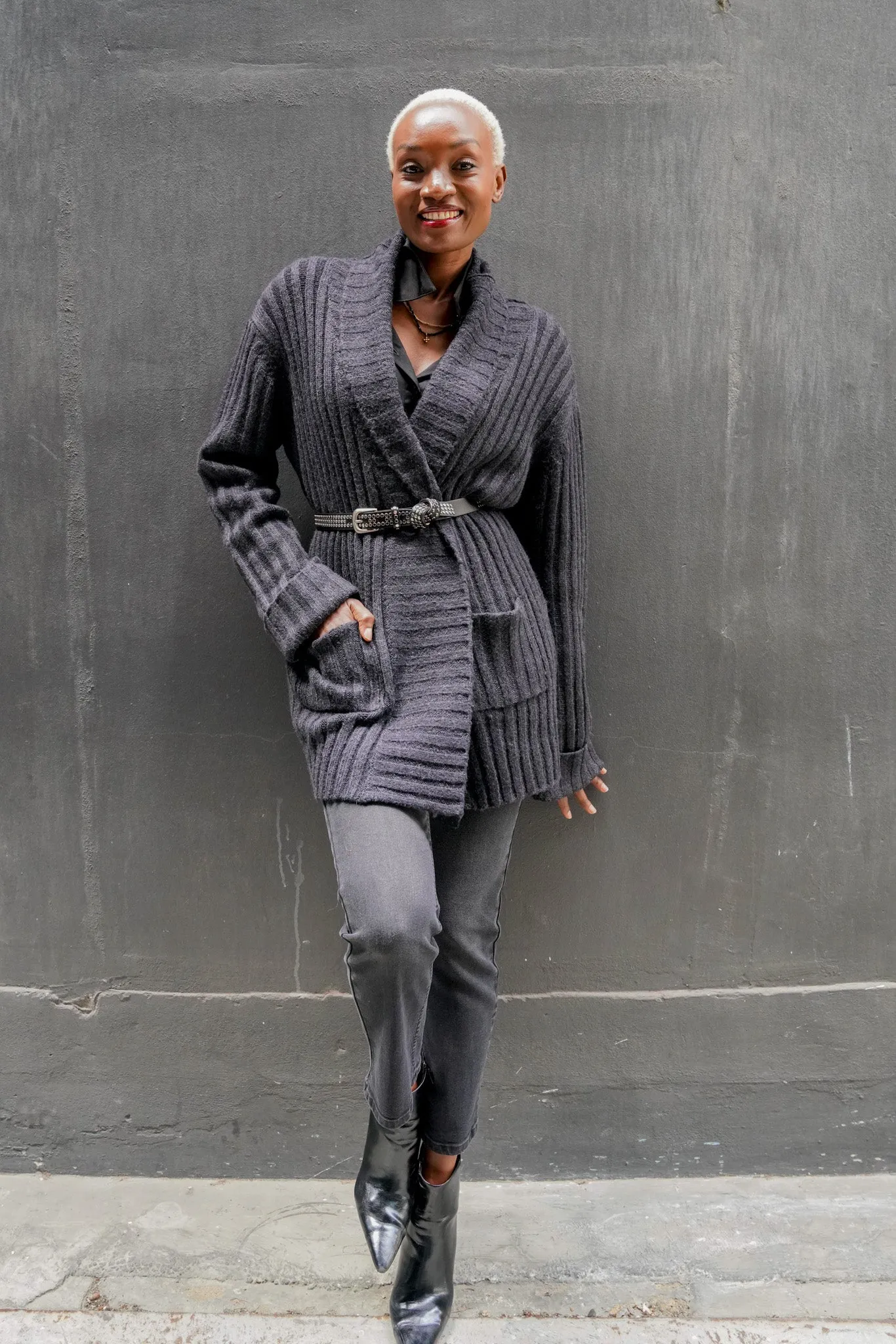 Charcoal Wrap Ribbed Coat