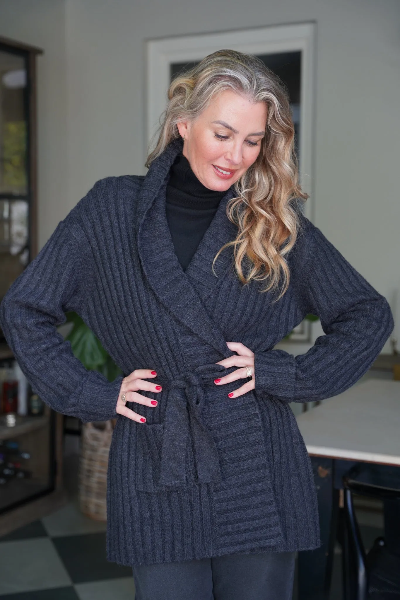 Charcoal Wrap Ribbed Coat