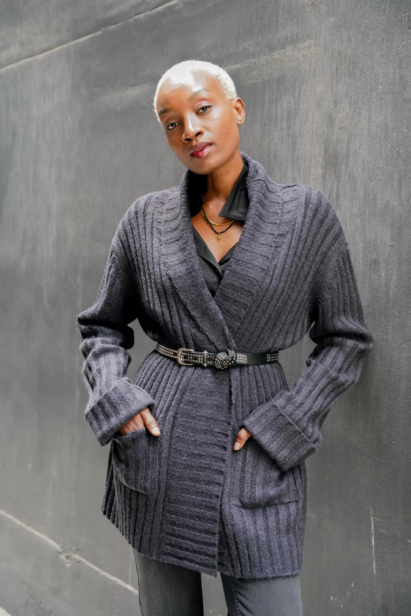 Charcoal Wrap Ribbed Coat