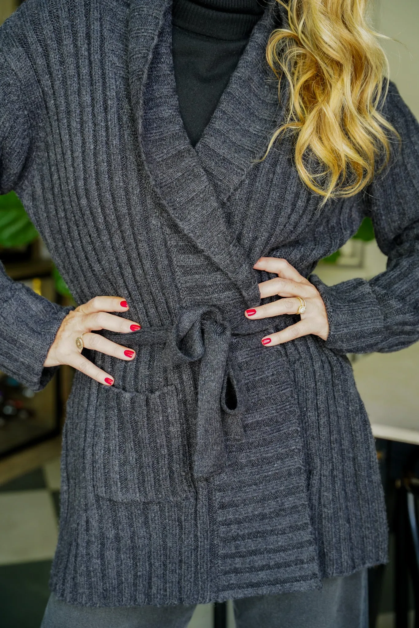 Charcoal Wrap Ribbed Coat