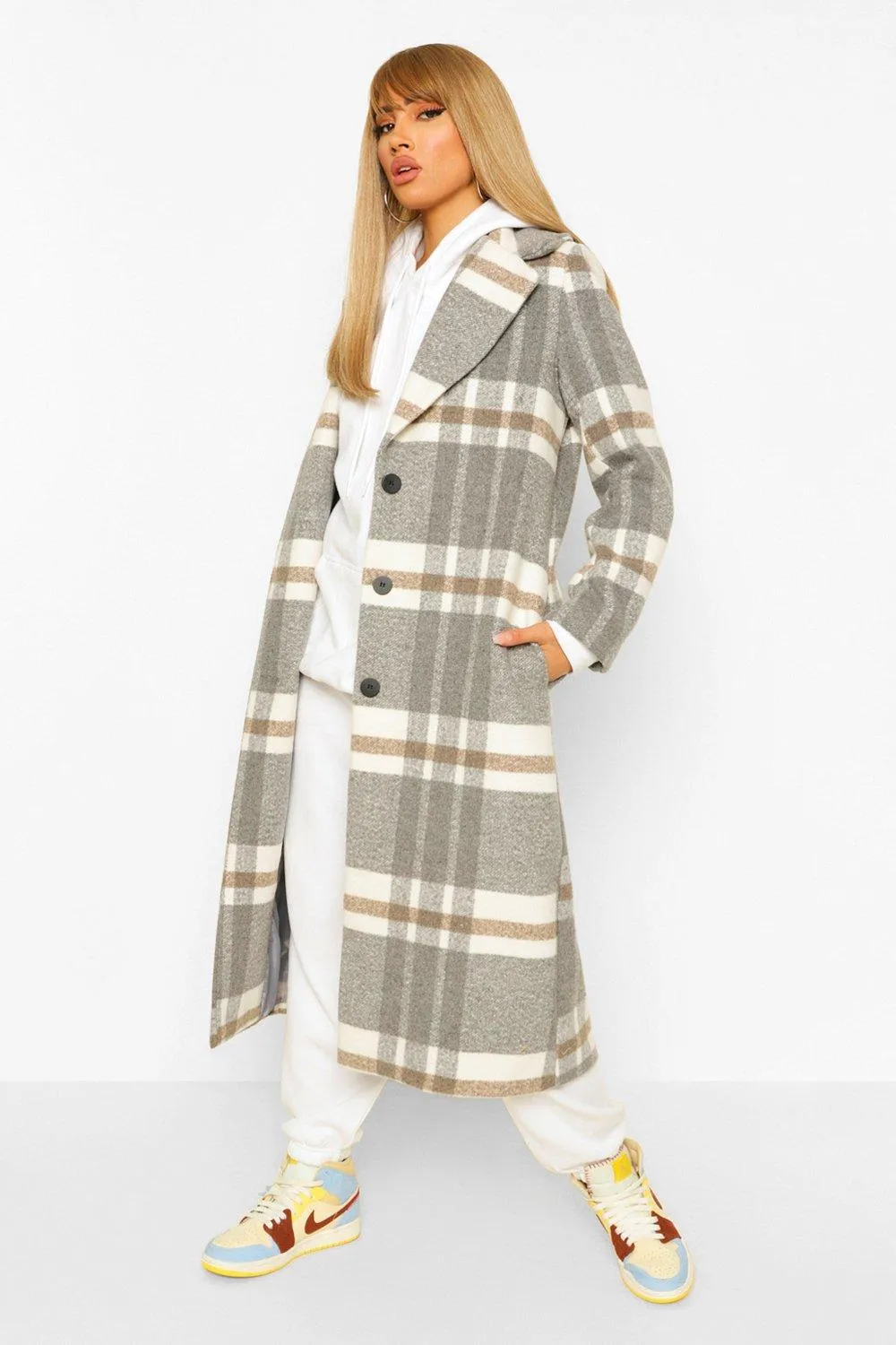 Check Oversized Wool Look Coat