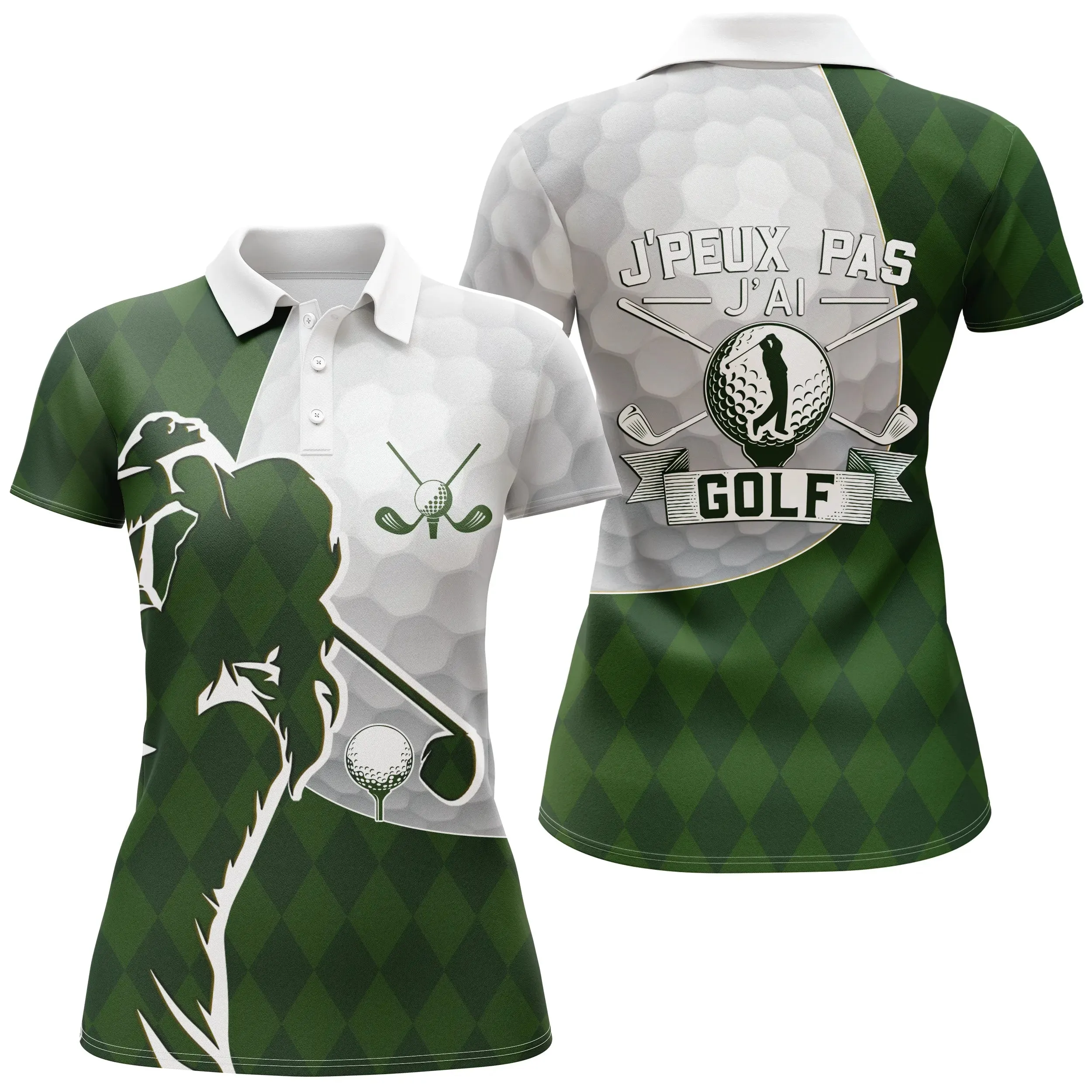 Chiptshirts Polo de Golf, Polo de Sport Manches Longues Homme Femme, Vert Forêt, Motif Balle de Golf, Golfeur, Golfeuse, J'peux 