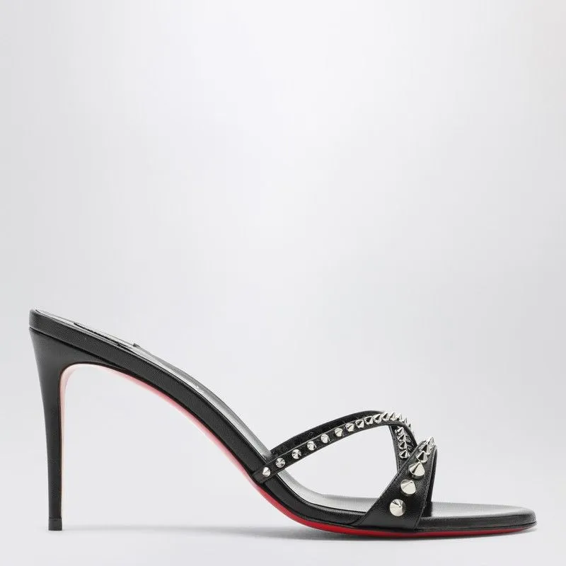 CHRISTIAN LOUBOUTIN Edgy Black Leather Sandals with Slim High Heel and Red Sole for Women