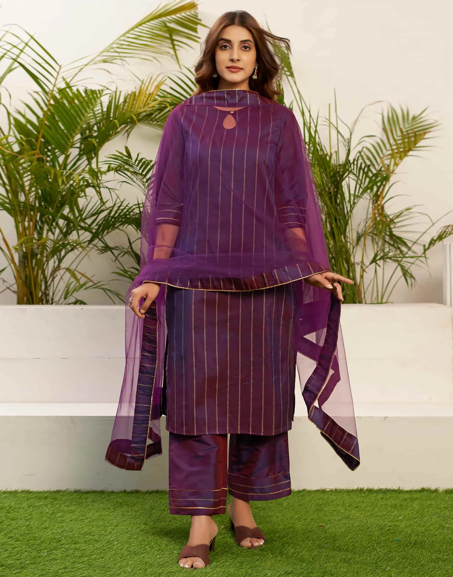 Deep Purple Printed Rayon Straight Kurta With Pant And Dupatta