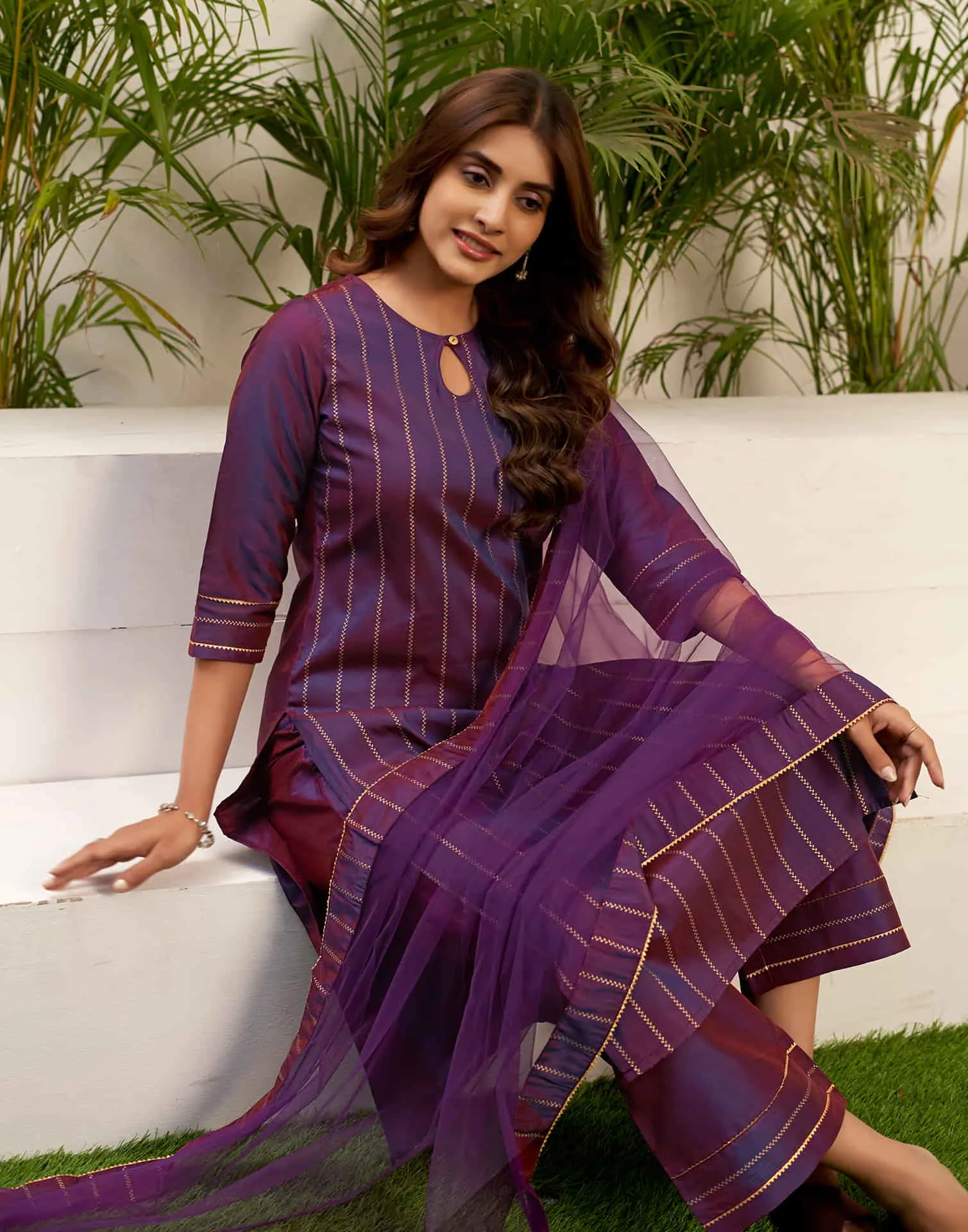 Deep Purple Printed Rayon Straight Kurta With Pant And Dupatta