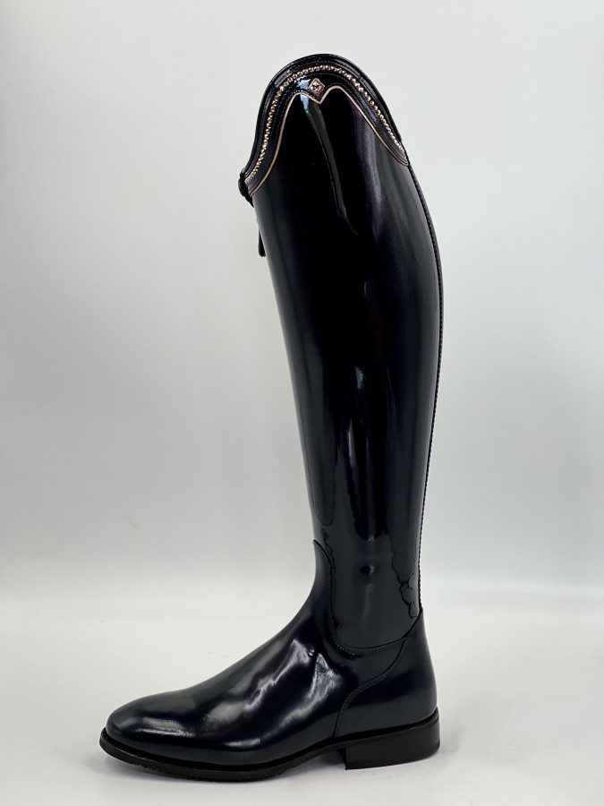 Deniro Bellini riding boots shiny black, rondine top, rose gold Swarovski