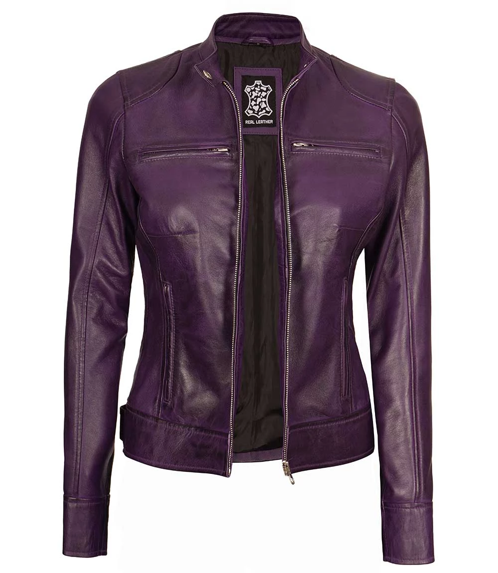 Dodge Women's Purple Leather Biker Jacket - Racer Style