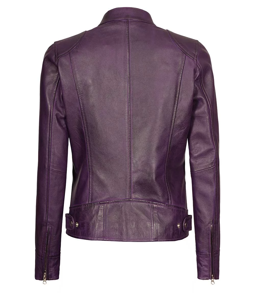 Dodge Women's Purple Leather Biker Jacket - Racer Style