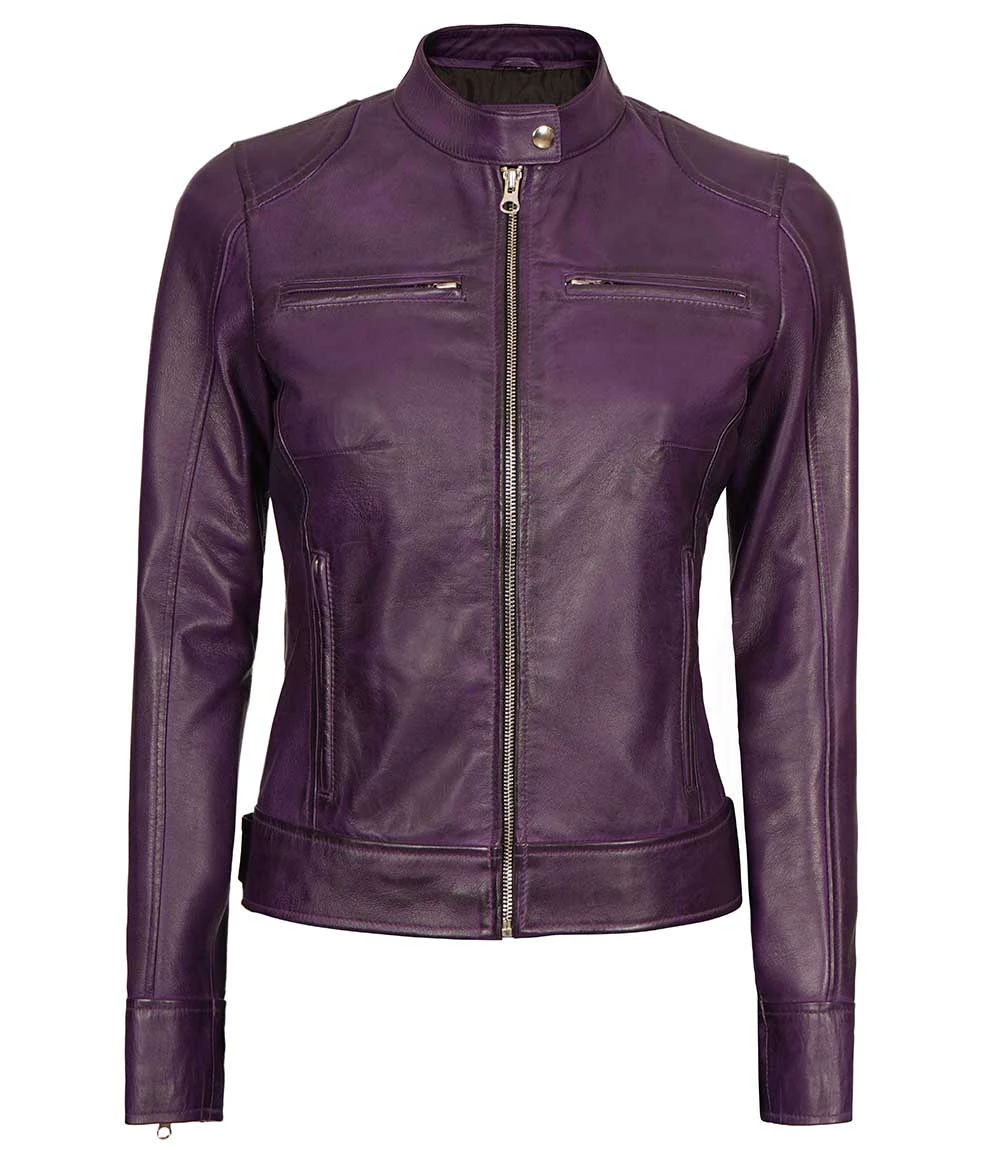 Dodge Women's Purple Leather Biker Jacket - Racer Style