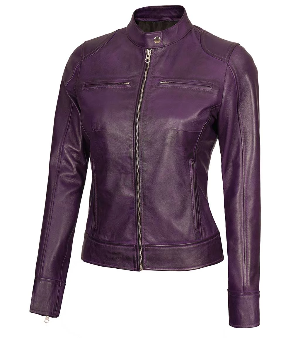 Dodge Women's Purple Leather Biker Jacket - Racer Style