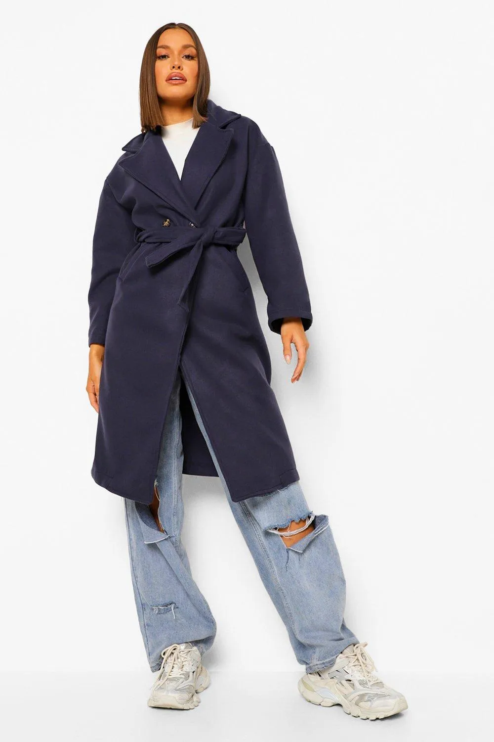 Double Breasted Belted Wool Look Coat