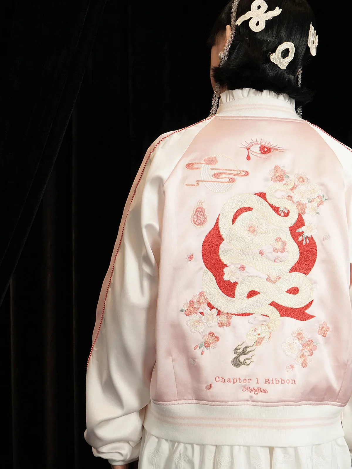 Embroidery Cherry Blossom Satin Jacket