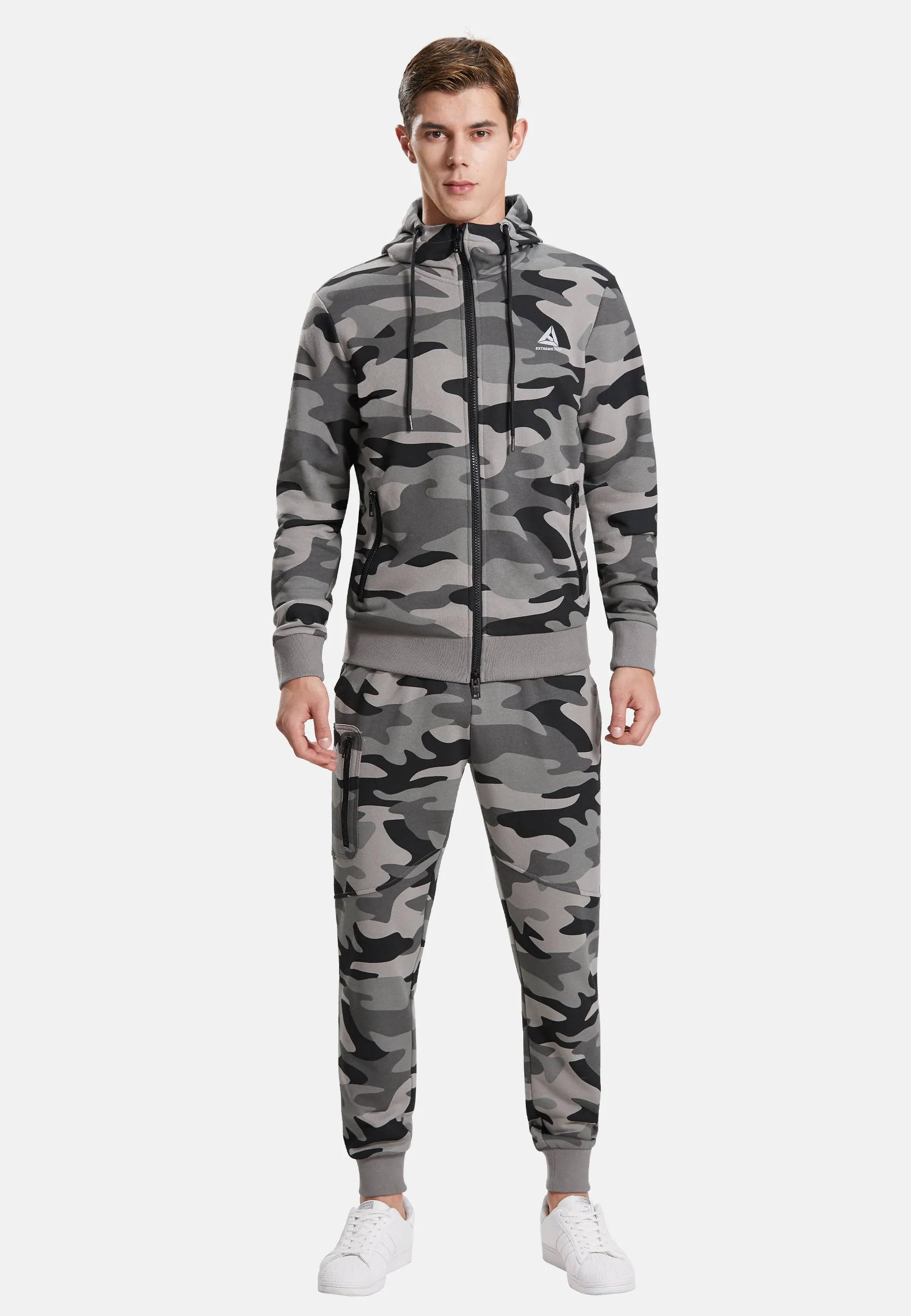 Extreme Pop Men's Tracksuit Set with pockets and hood in colours grey or green camouflage