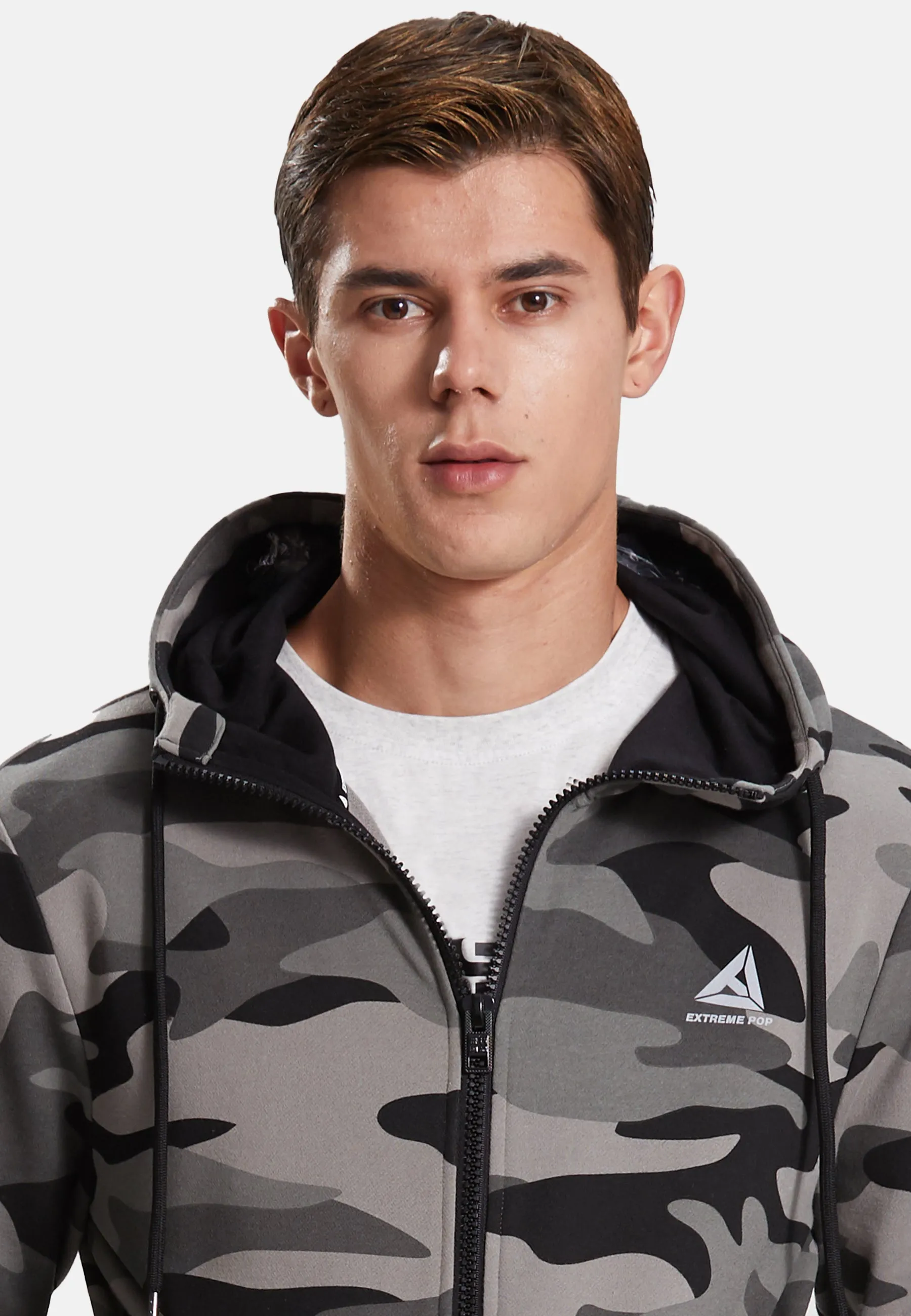 Extreme Pop Men's Tracksuit Set with pockets and hood in colours grey or green camouflage