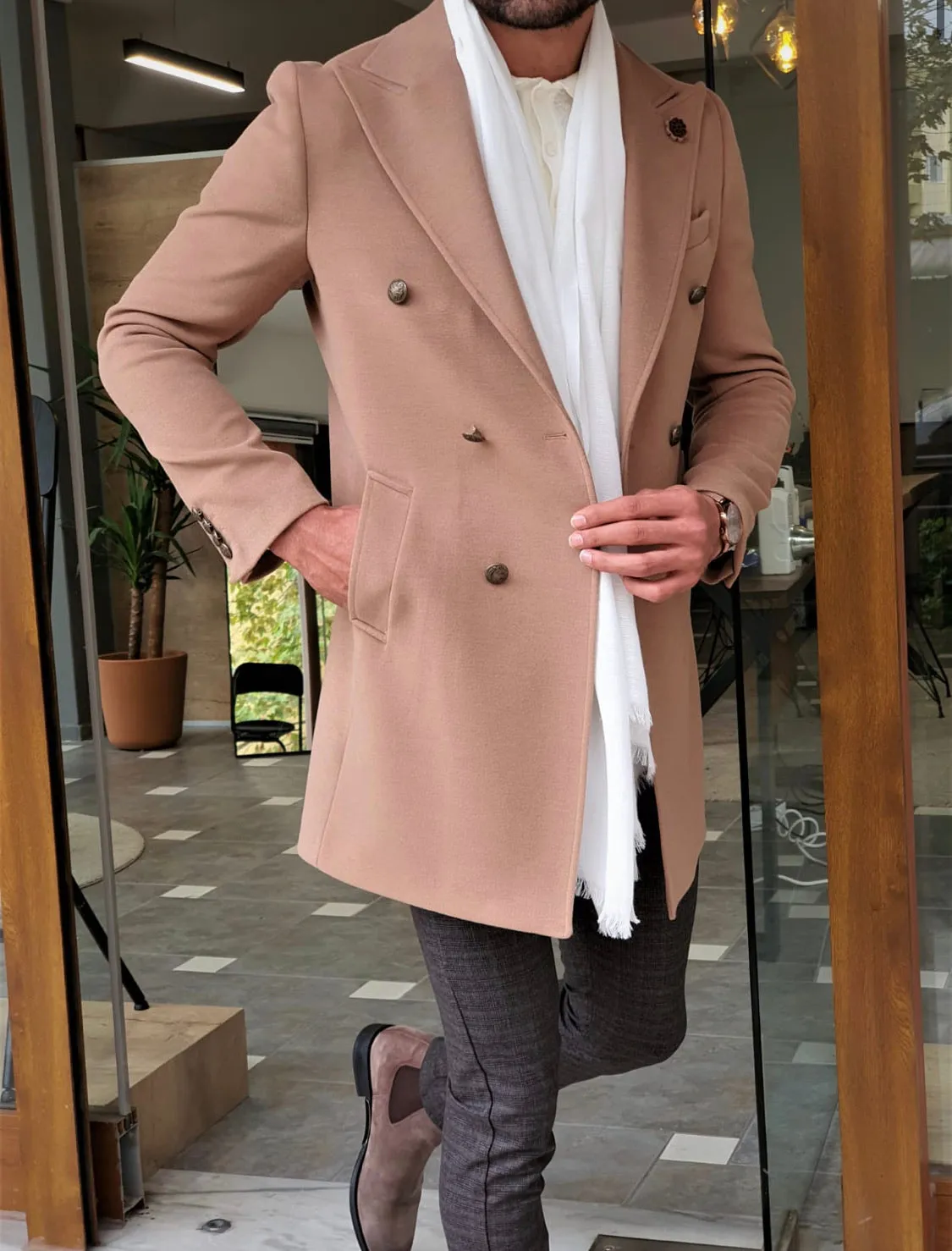 Forenzax Beige Slim Fit Wool Long Coat