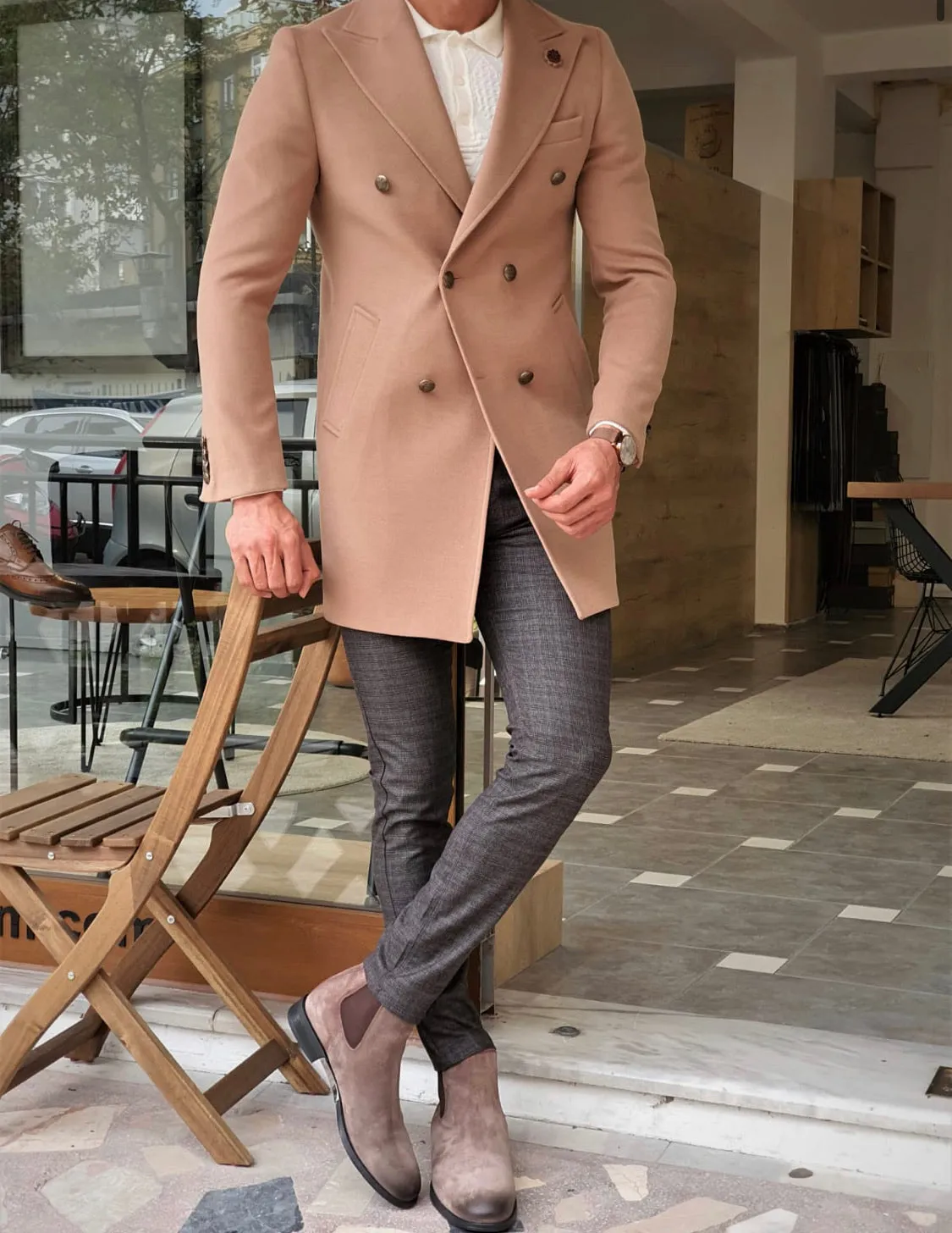 Forenzax Beige Slim Fit Wool Long Coat