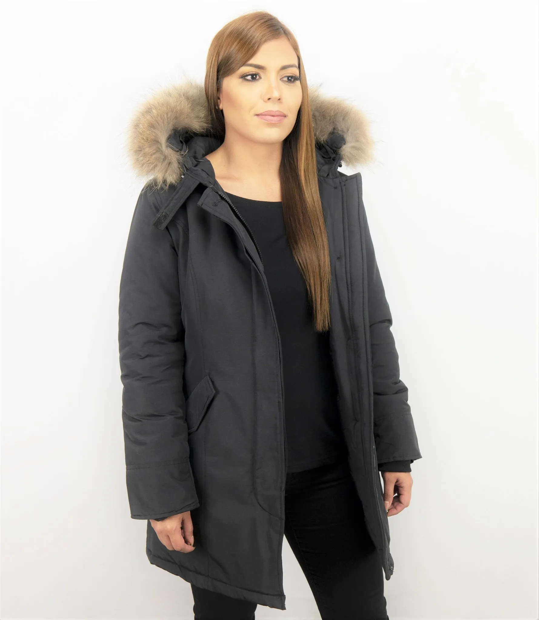 Gentile Bellini Fur Collar Coat  -  Women's Winter Coat Wooly Long - Large Fur Collar - Black