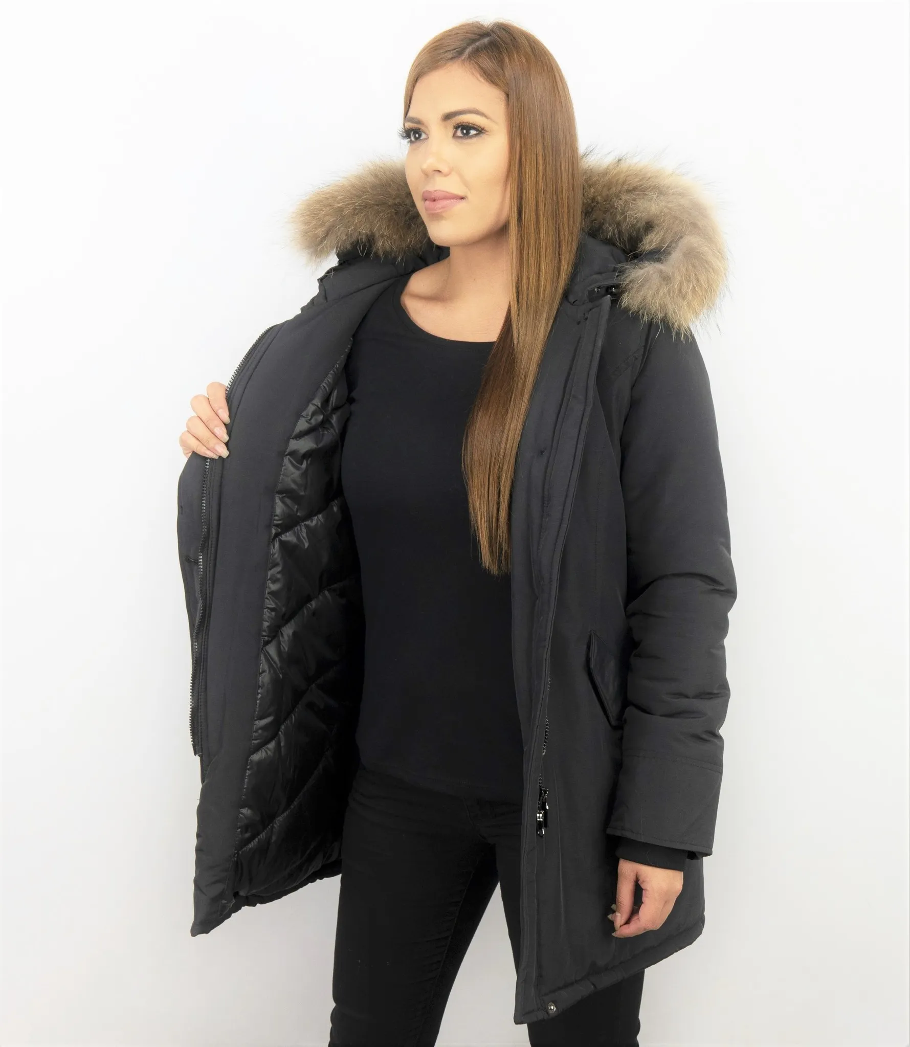 Gentile Bellini Fur Collar Coat  -  Women's Winter Coat Wooly Long - Large Fur Collar - Black