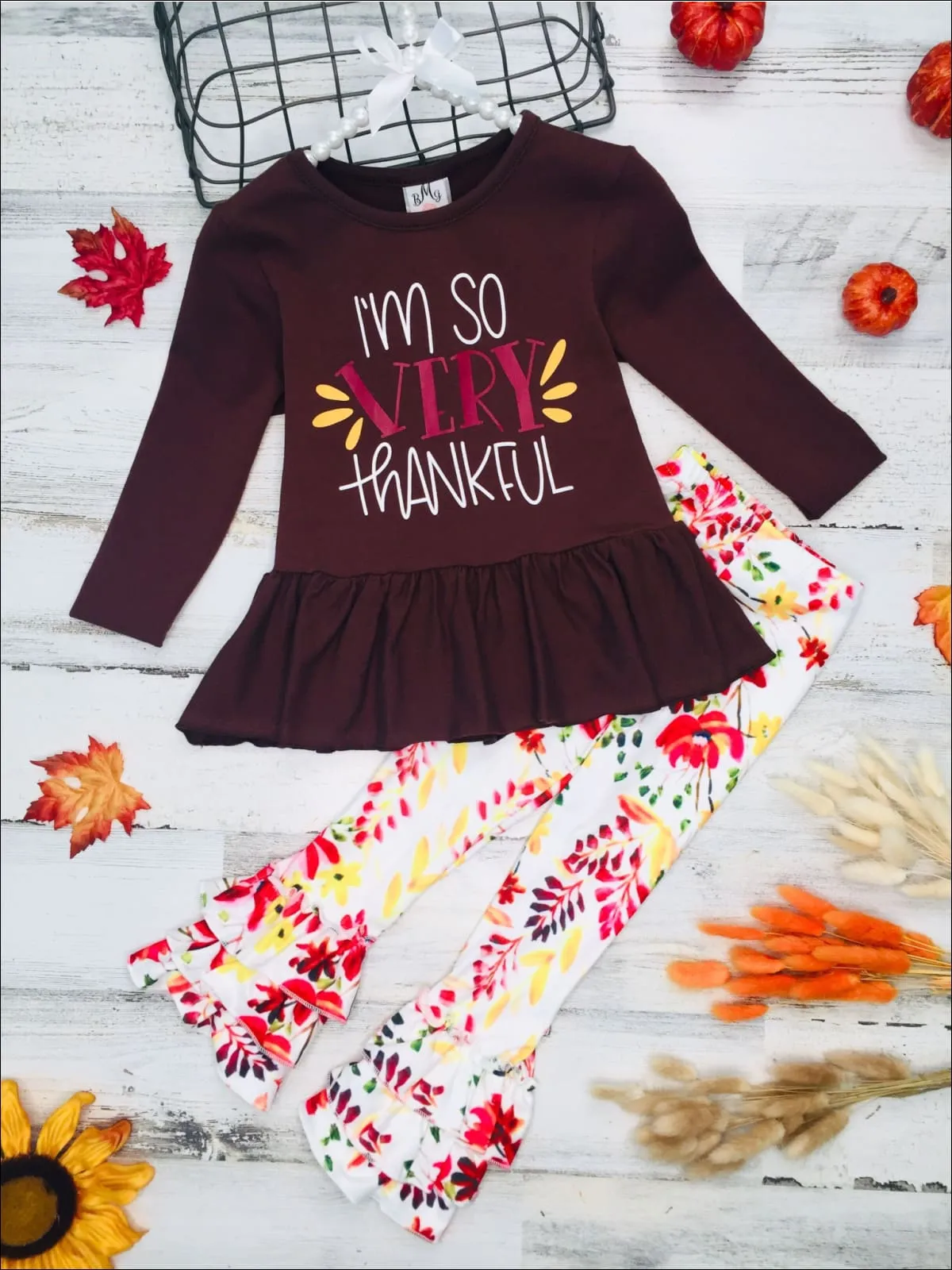 Girls I'm So Very Thankful Peplum Tunic And Tiered Ruffled Floral Legging Set