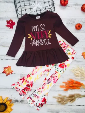 Girls I'm So Very Thankful Peplum Tunic And Tiered Ruffled Floral Legging Set