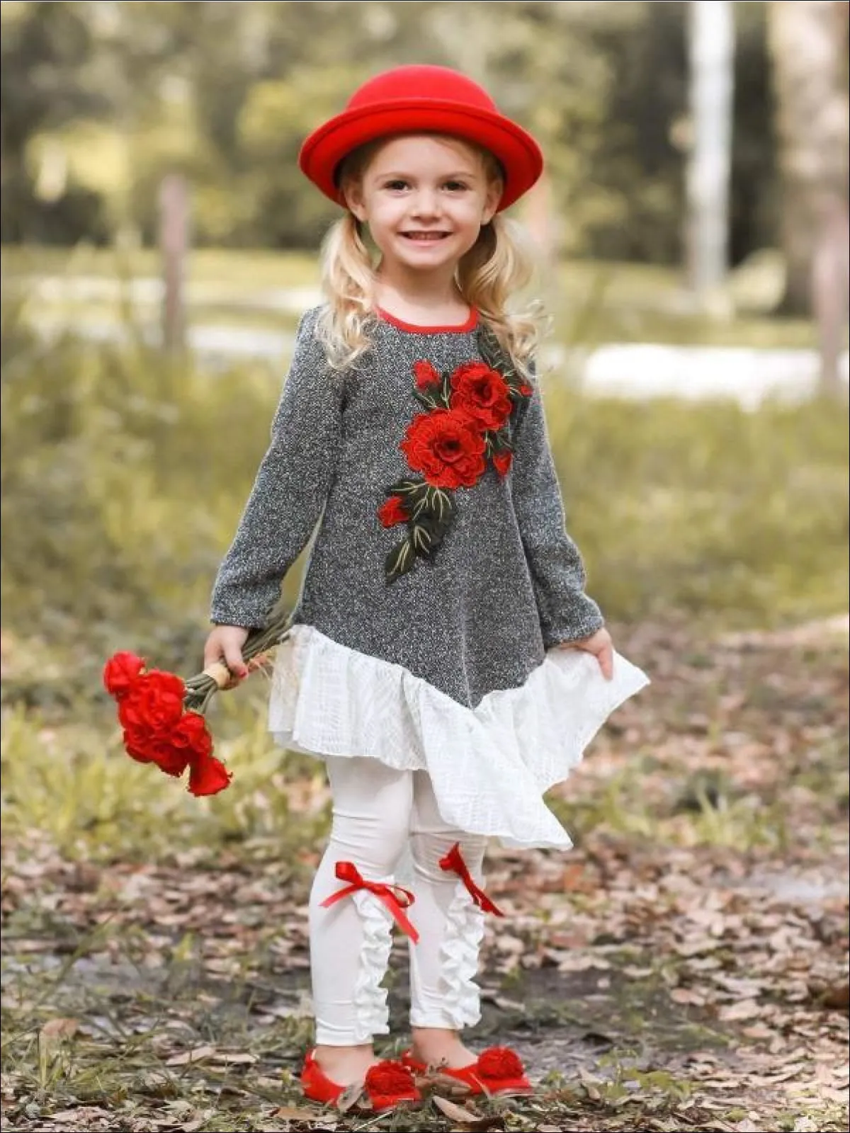 Girls Long Sleeve Ruffled Tunic with Flower Applique And Matching Bow Legging Set