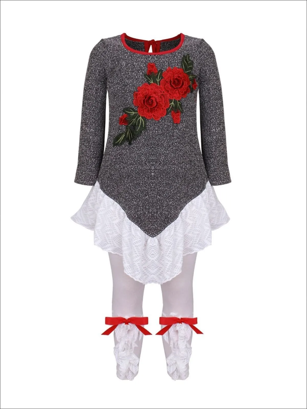 Girls Long Sleeve Ruffled Tunic with Flower Applique And Matching Bow Legging Set