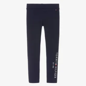 Girls Navy Blue Cotton Logo Leggings