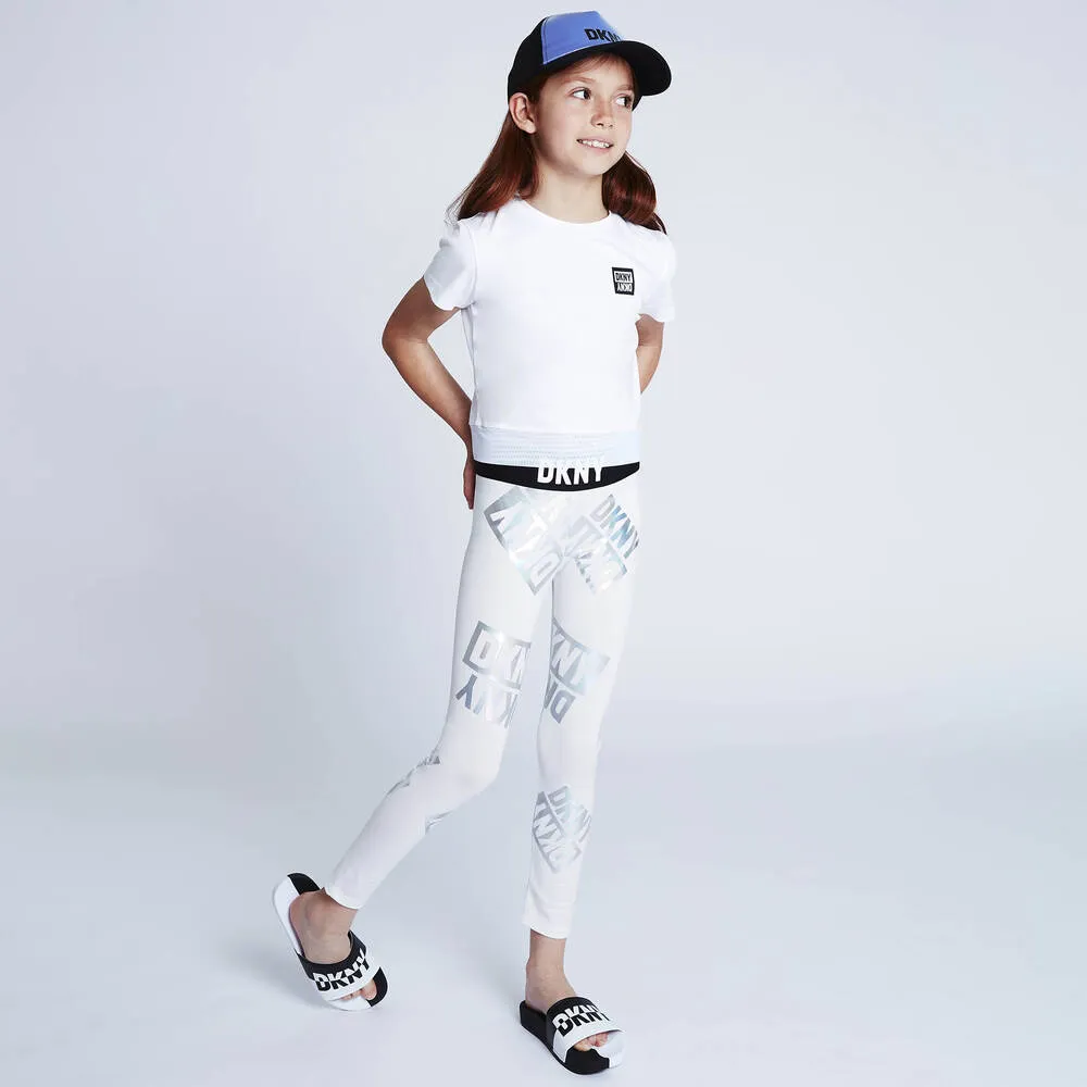 Girls White Iridescent Logo Leggings