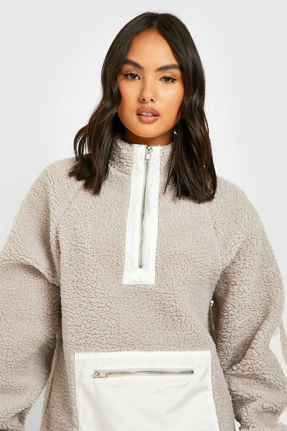 Hoodies & Sweatshirts | Premium Borg Nylon Half Zip Sweater | boohoo