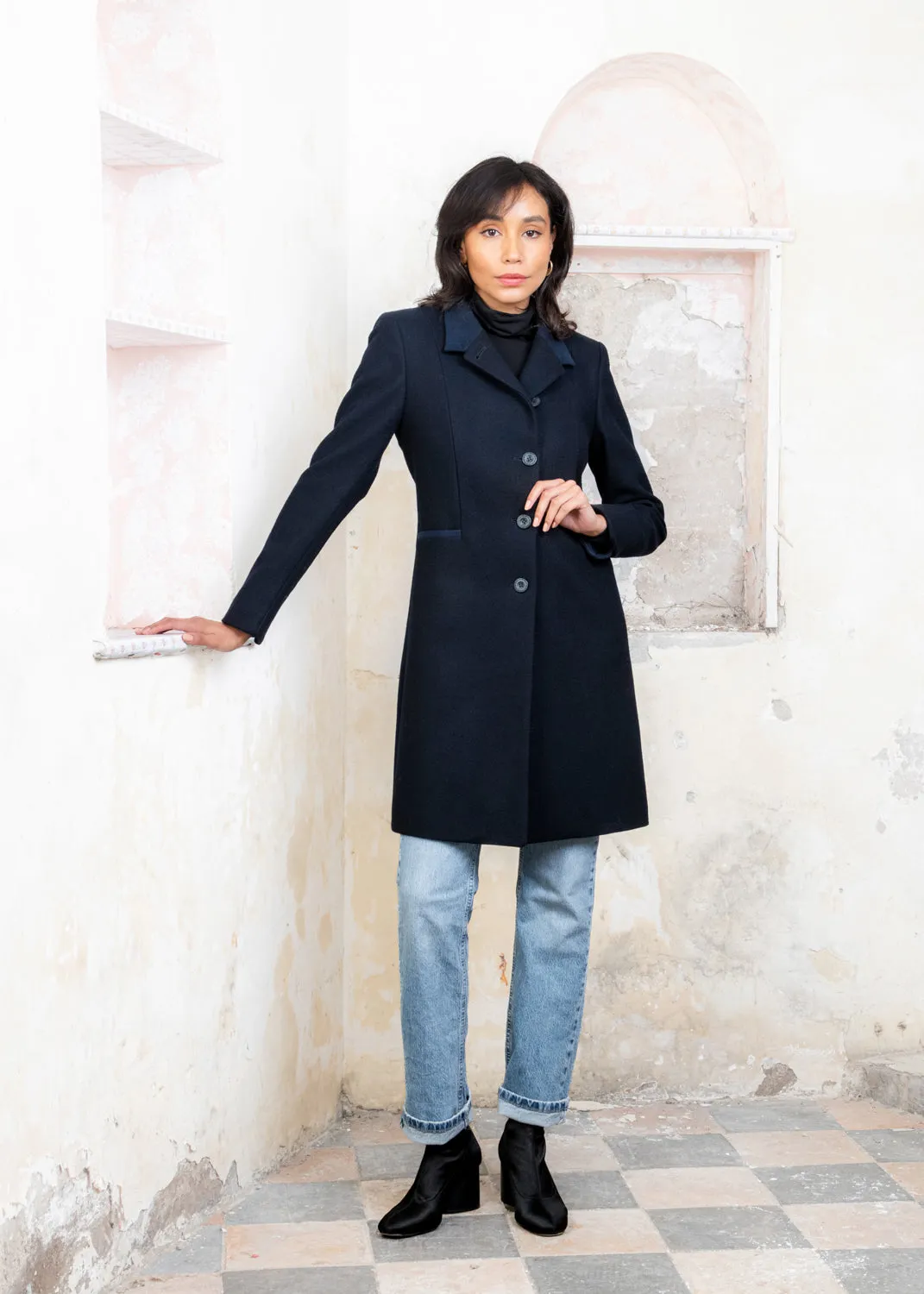 Isabella Tweed Coat - Navy Melton