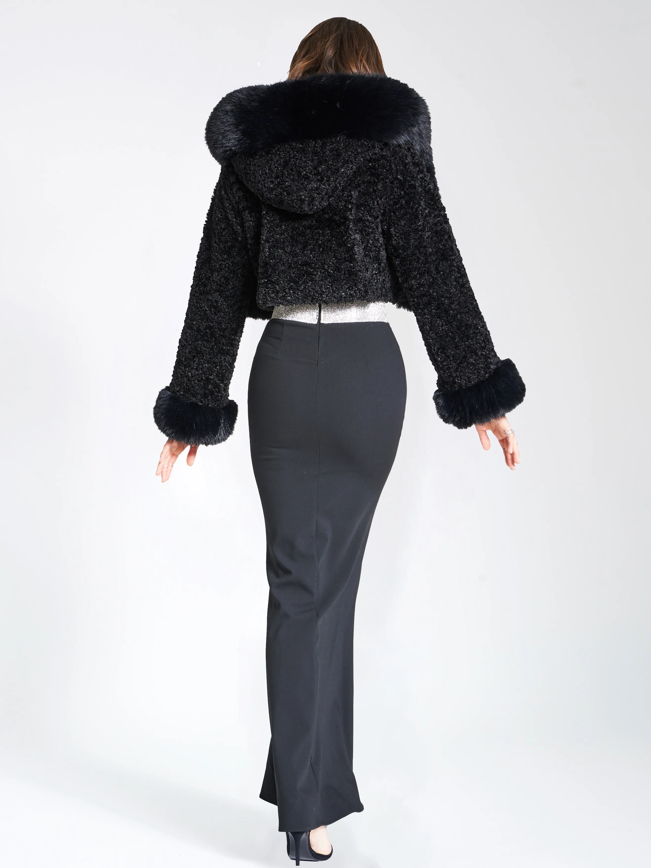 Kali Black Cropped Vegan Fur Jacket With Hood